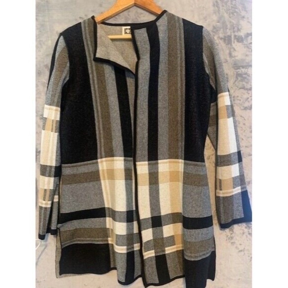 Anne Klein Long Duster Cardigan SZ Medium Multicolor Tartan Plaid Care Heritge